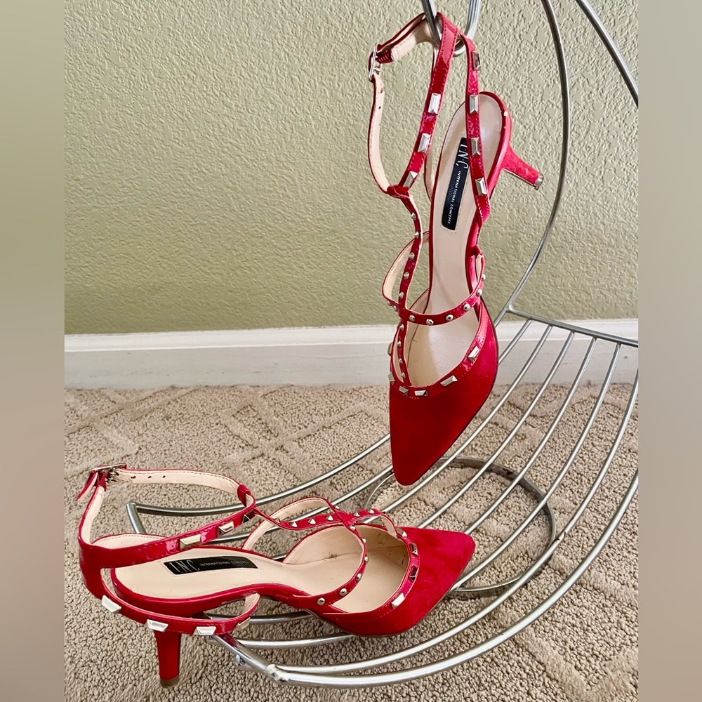 INC International Concepts Red Carma Studded Pointed-Toe Strappy Heels Size 8